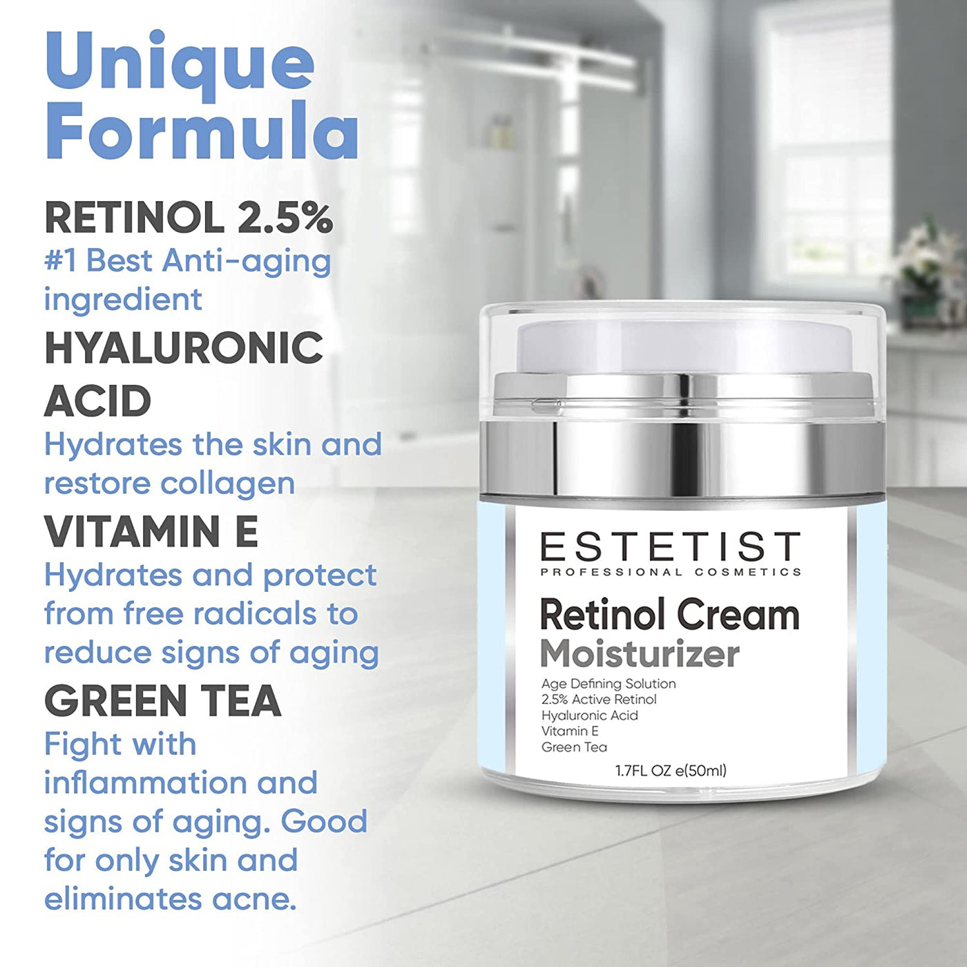 Face Moisturizer Retinol Cream with Hyaluronic Acid - Anti Aging, Wrinkles & Lines freeshipping - ESTETIST LLC